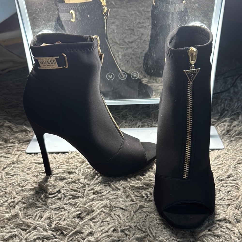 Guess Black and Gold Heeled Boots with Peep-Toe